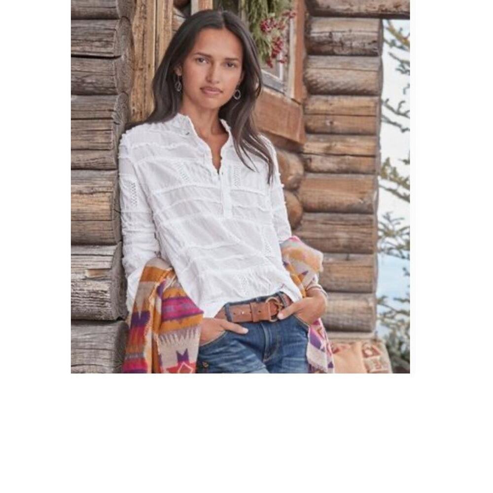 Sundance Dylan White Textured Ruffled Button Up Boho Long Sleeve Blouse PM